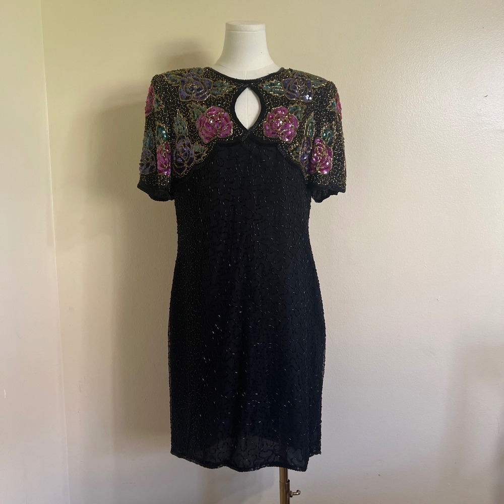 Night Vogue Vintage 80s Silk Beaded Sequin Floral Keyhole Cocktail Dress Black L